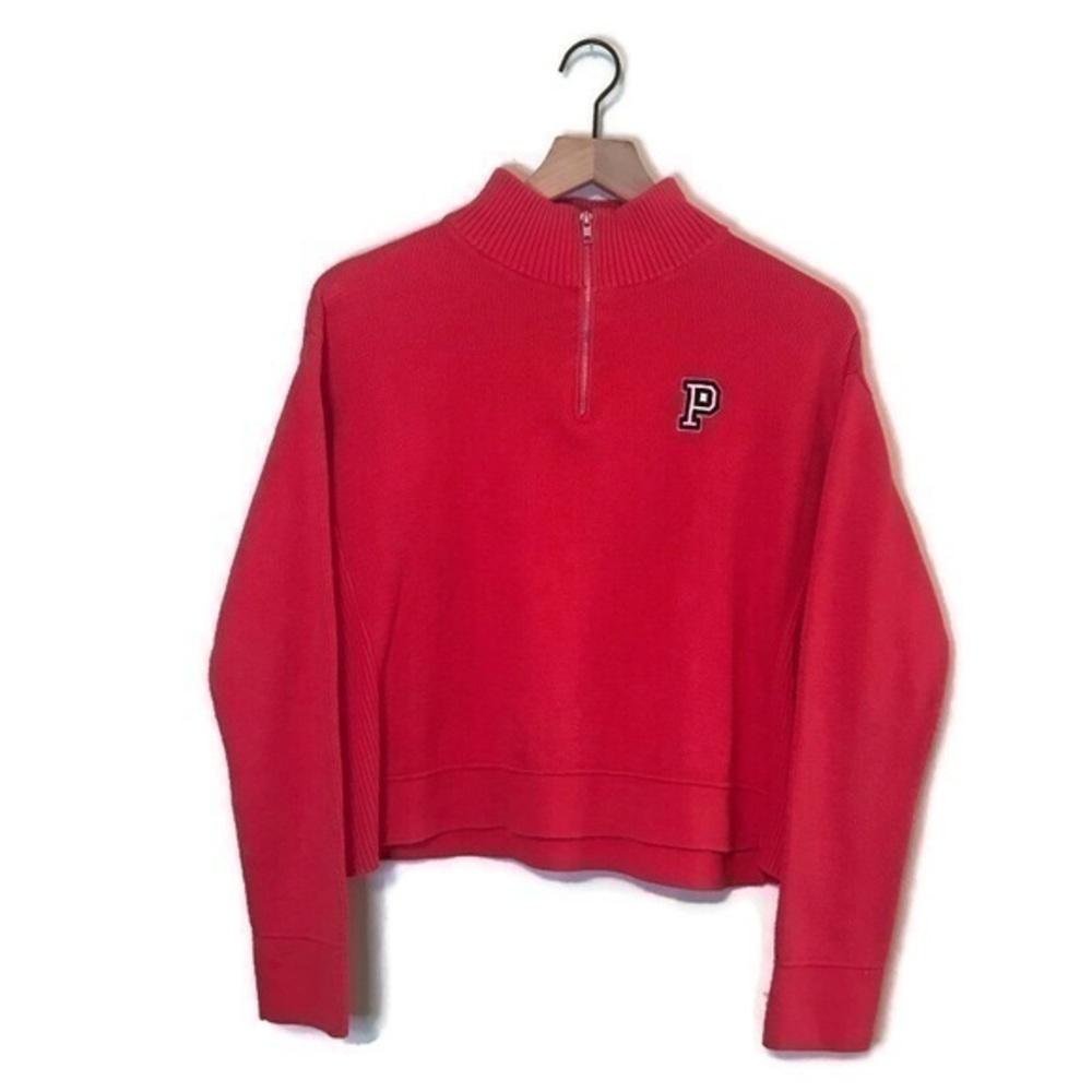 VS Pink Red Boyfriend Sweater Ribbed Half Zip Collegiate University Size Medium
